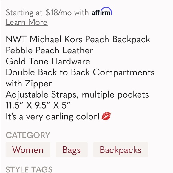 NWT MKLeather Peach Backpack - Picture 12 of 16